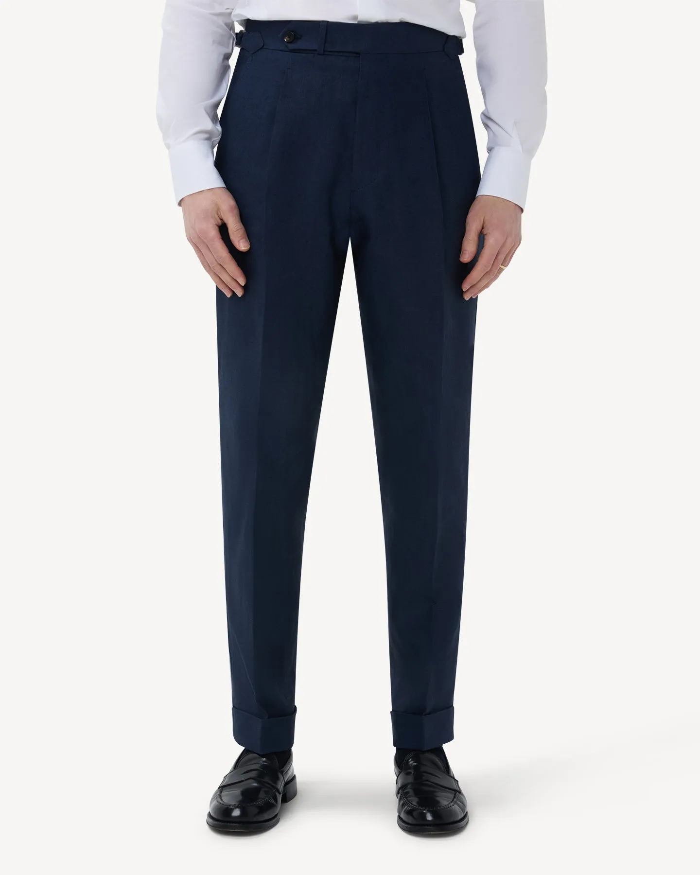 Navy Single Pleat Linen Trousers