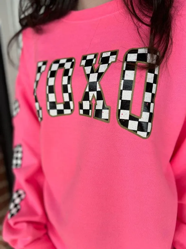 Neon Pink Checkered XOXO Sweatshirt - Plus Size