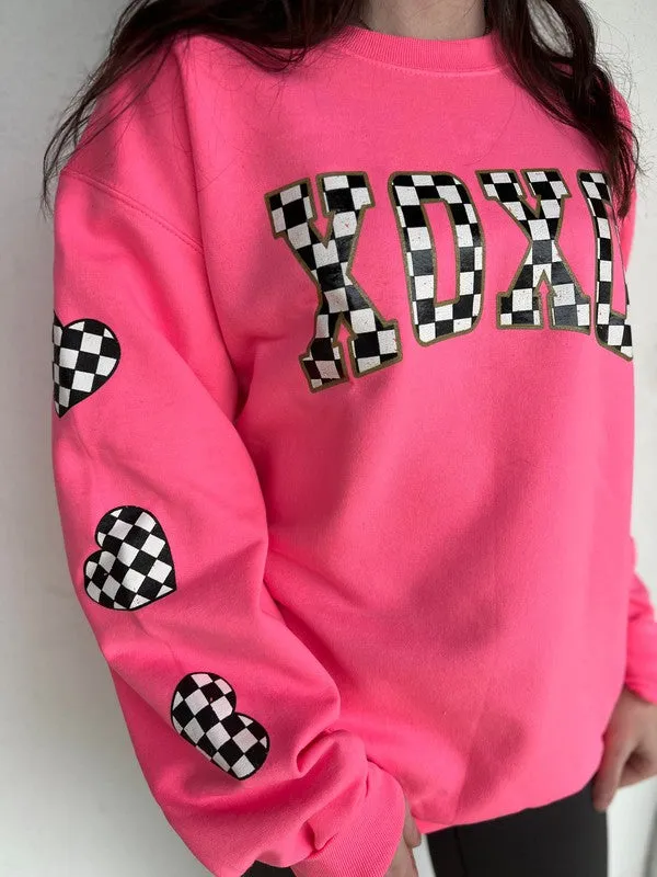 Neon Pink Checkered XOXO Sweatshirt - Plus Size