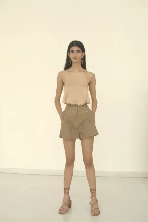 New Season Summer to Fall 2024-Shorts Embroidered Pleated Cotton Khaki-KH/C/007-Suzanne-Fashion Edit Hemji