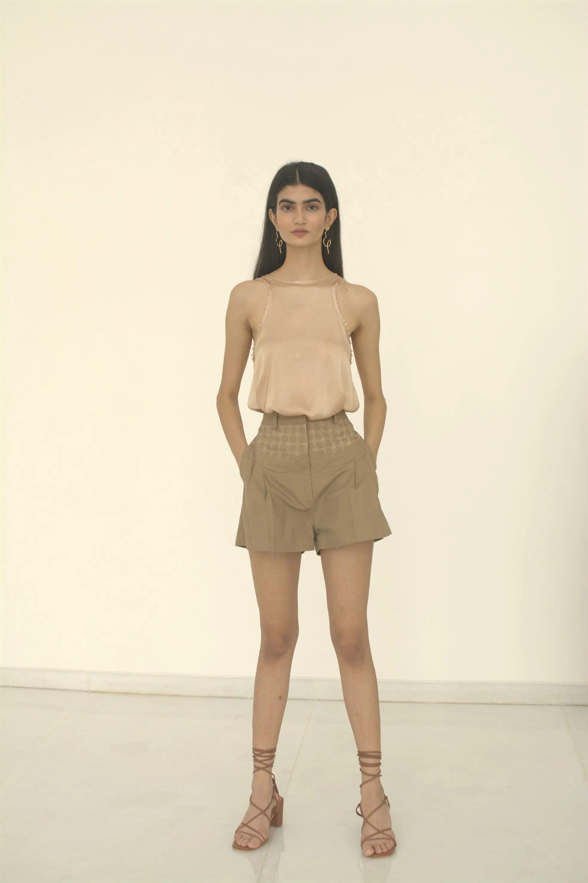 New Season Summer to Fall 2024-Shorts Embroidered Pleated Cotton Khaki-KH/C/007-Suzanne-Fashion Edit Hemji