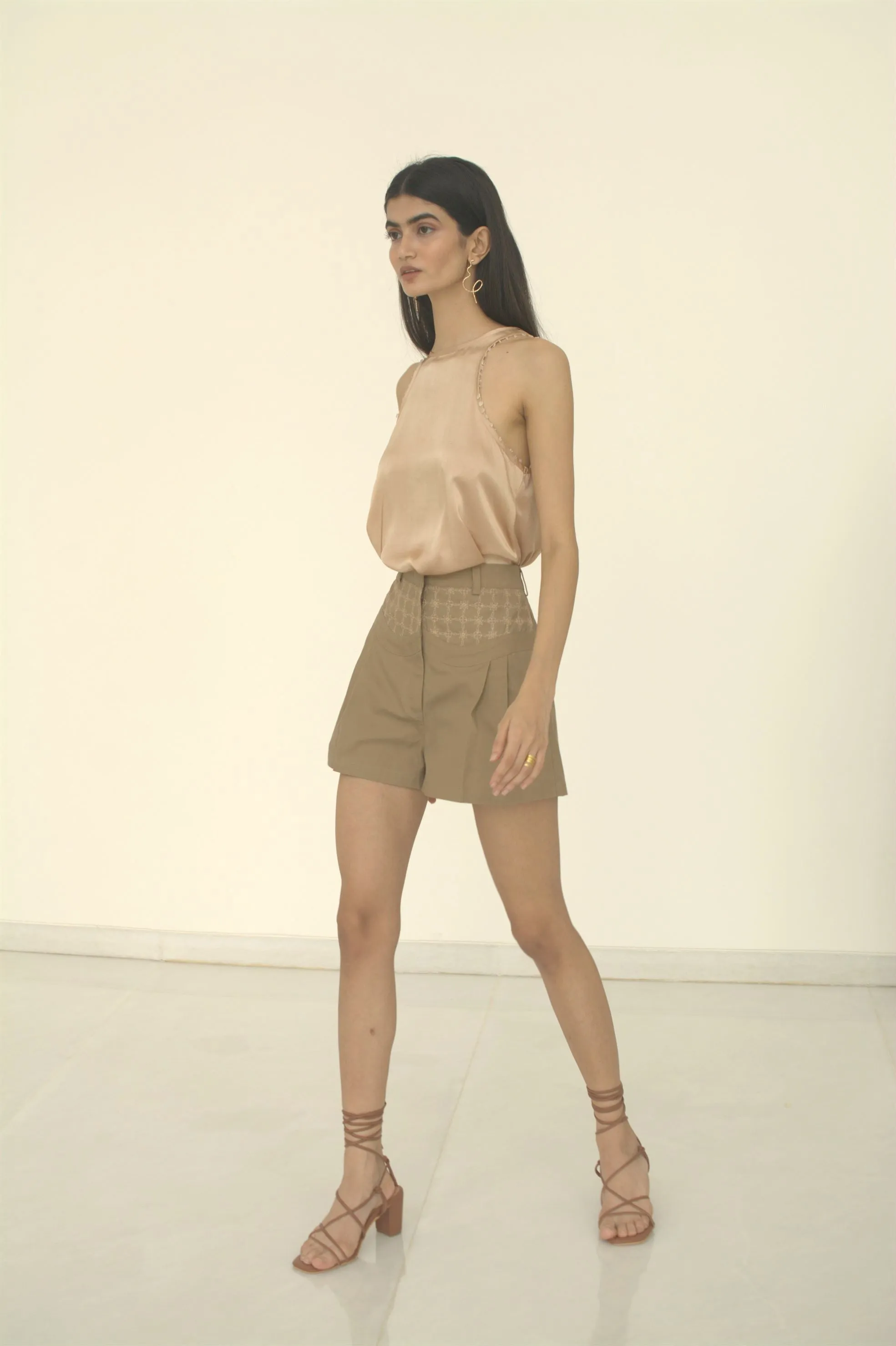 New Season Summer to Fall 2024-Shorts Embroidered Pleated Cotton Khaki-KH/C/007-Suzanne-Fashion Edit Hemji