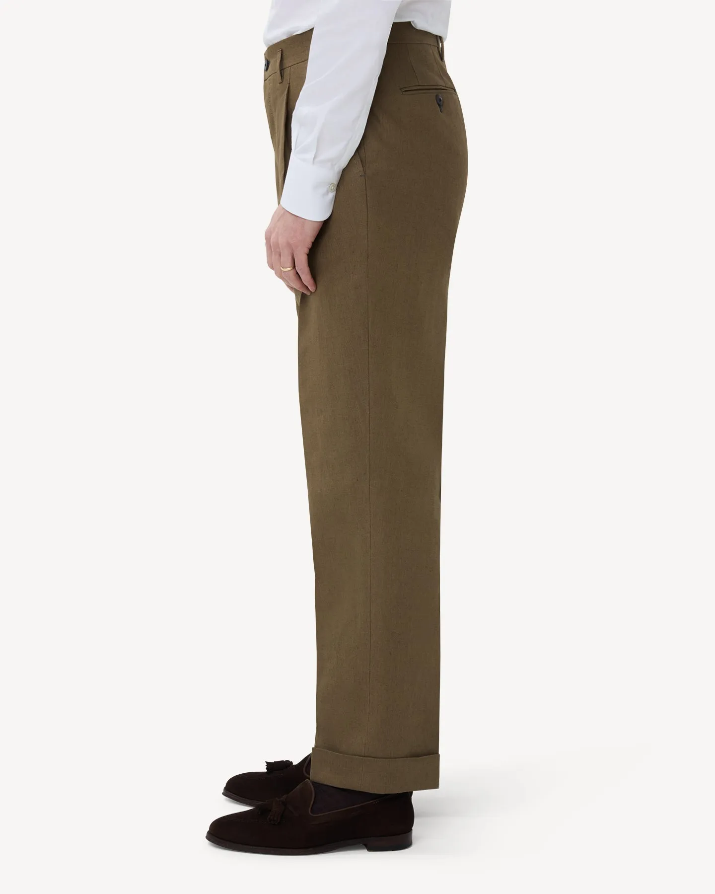 Olive Brown Double Pleat Linen Trousers