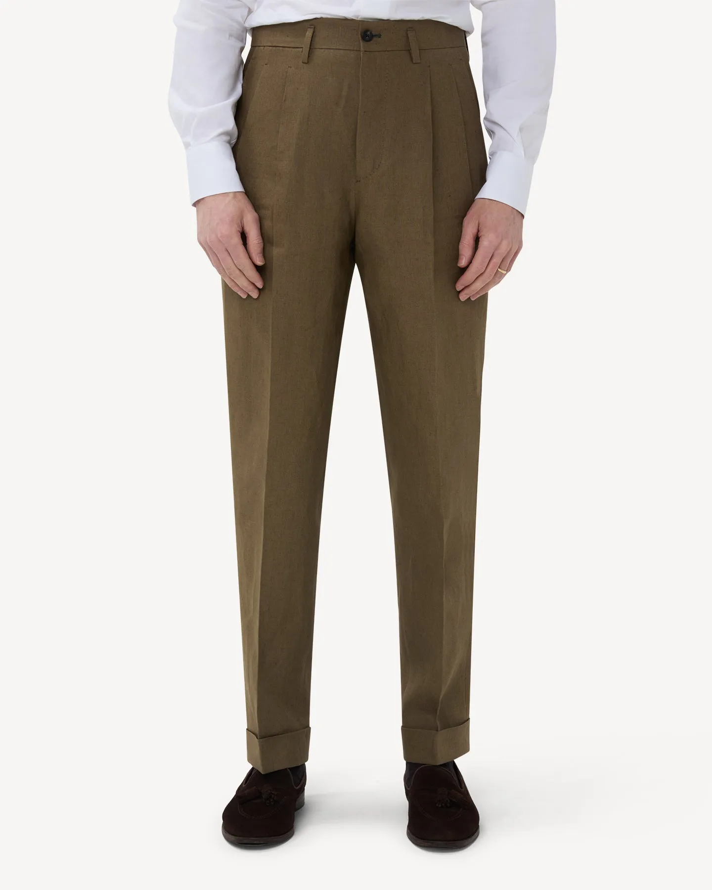 Olive Brown Double Pleat Linen Trousers