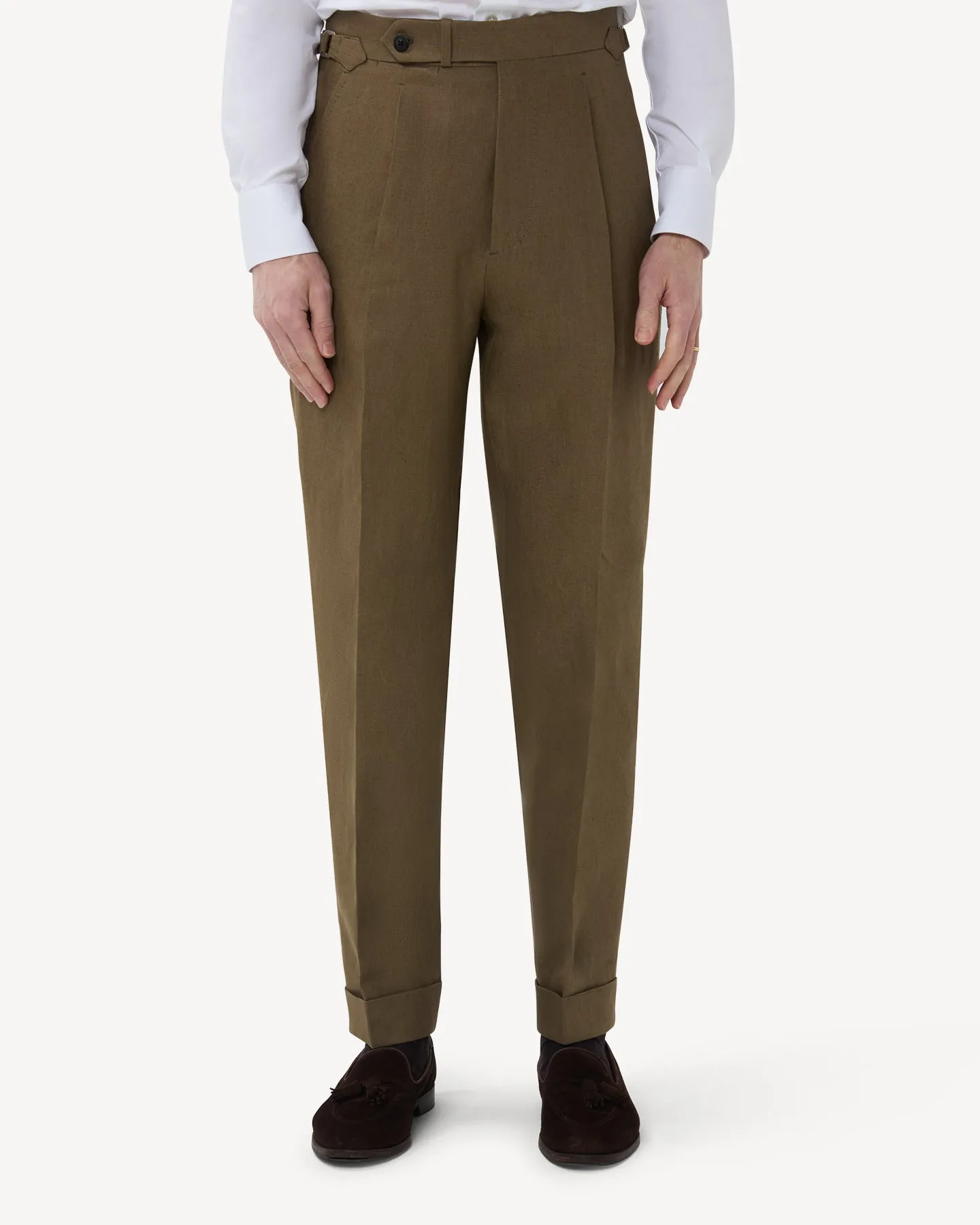 Olive Brown Single Pleat Linen Trousers