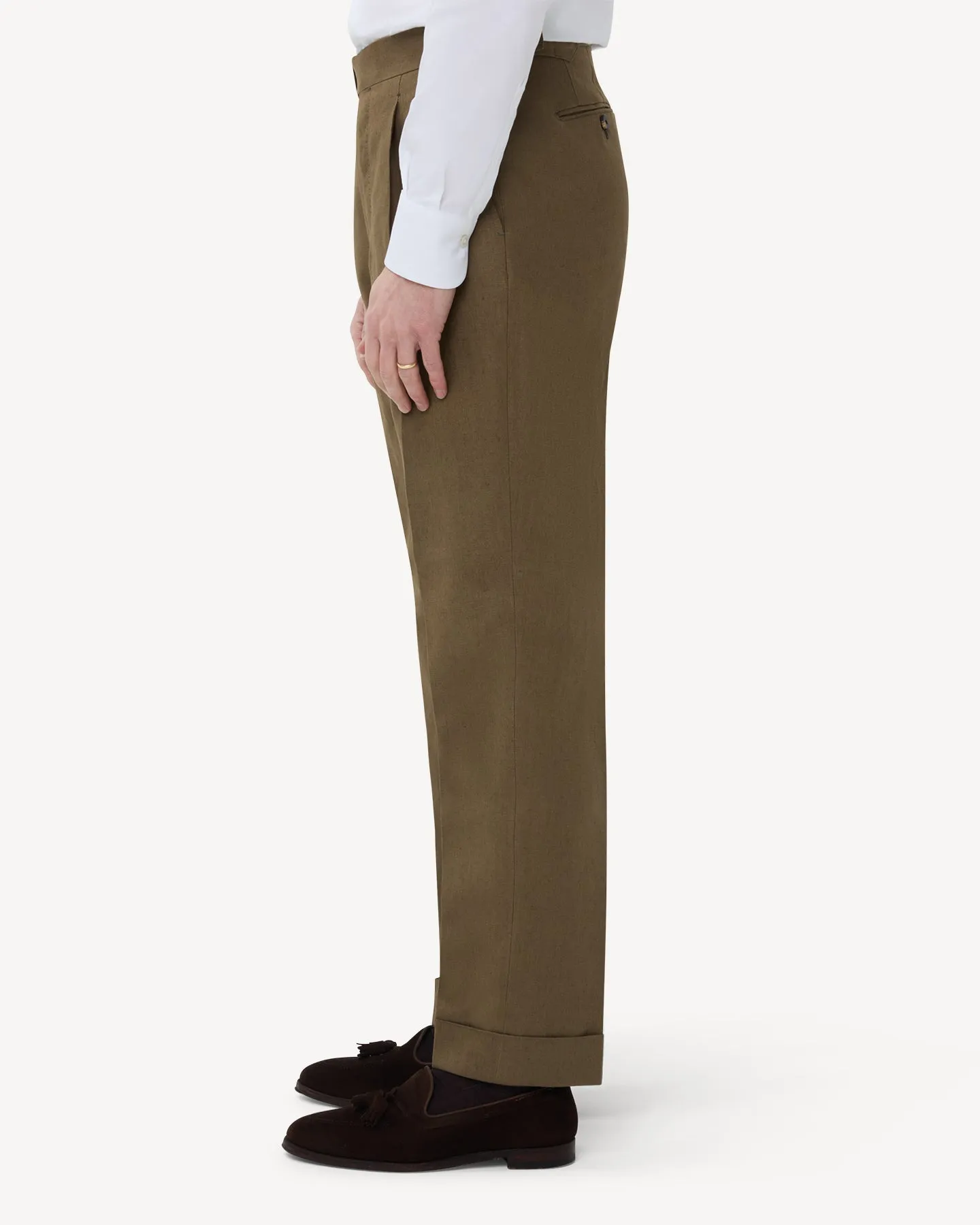 Olive Brown Single Pleat Linen Trousers