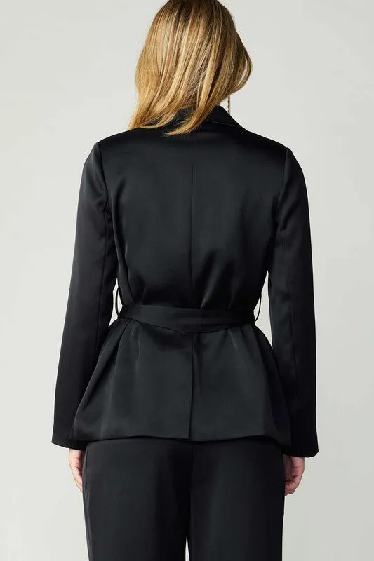 One Button Belted Jacket (Black, Fuchsia)