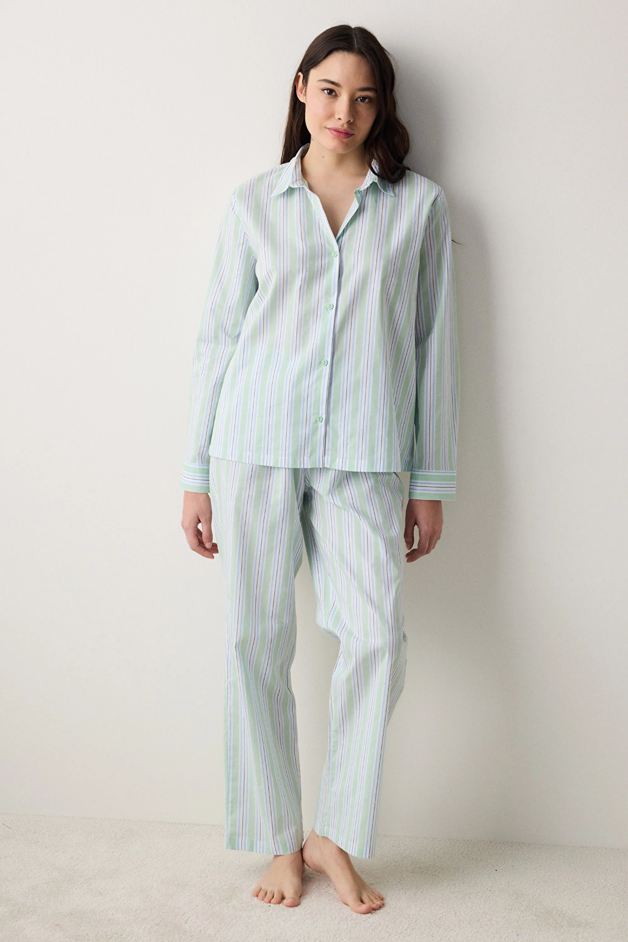 Perri Shirt Pants Striped Light Green Pajama Set
