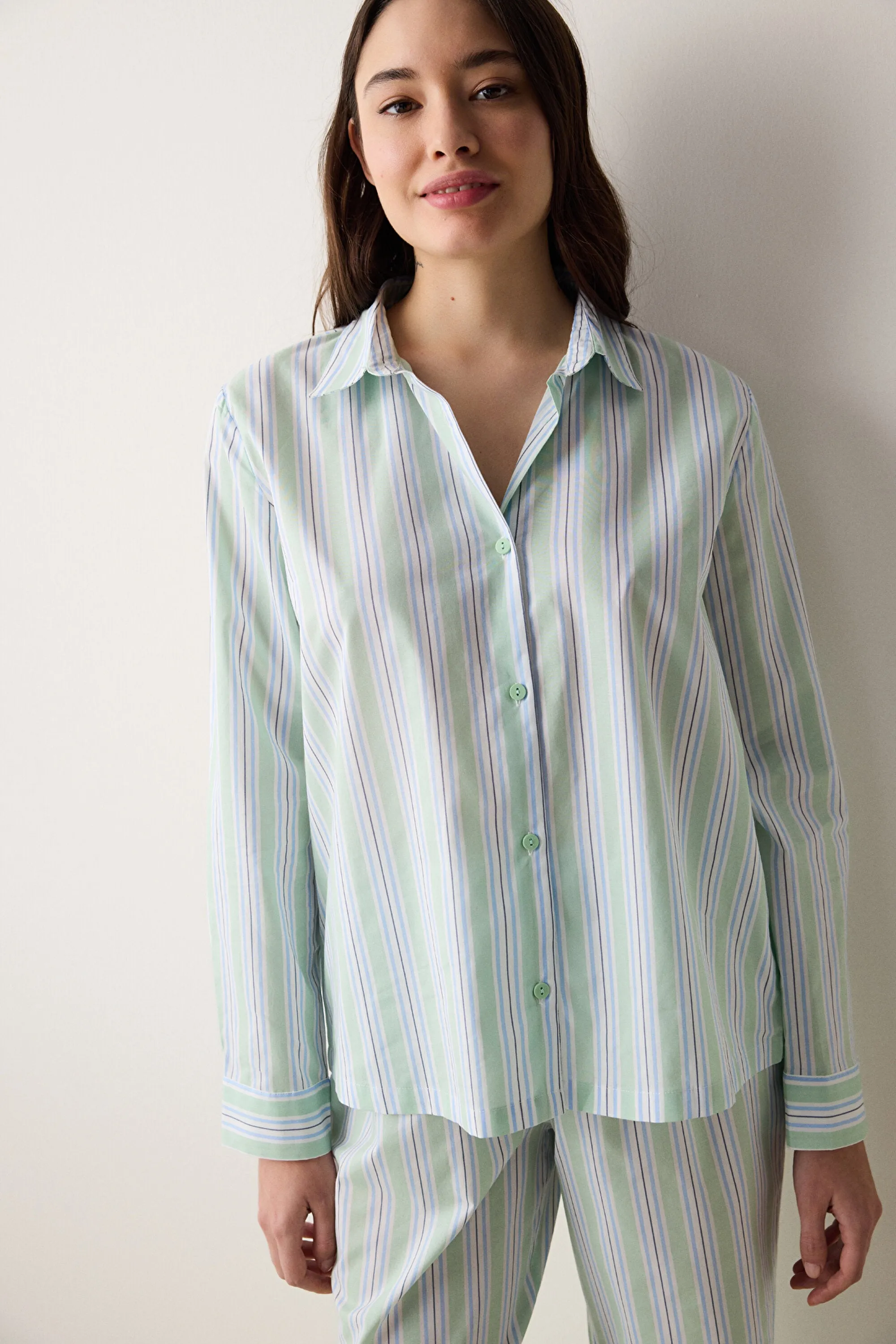 Perri Shirt Pants Striped Light Green Pajama Set