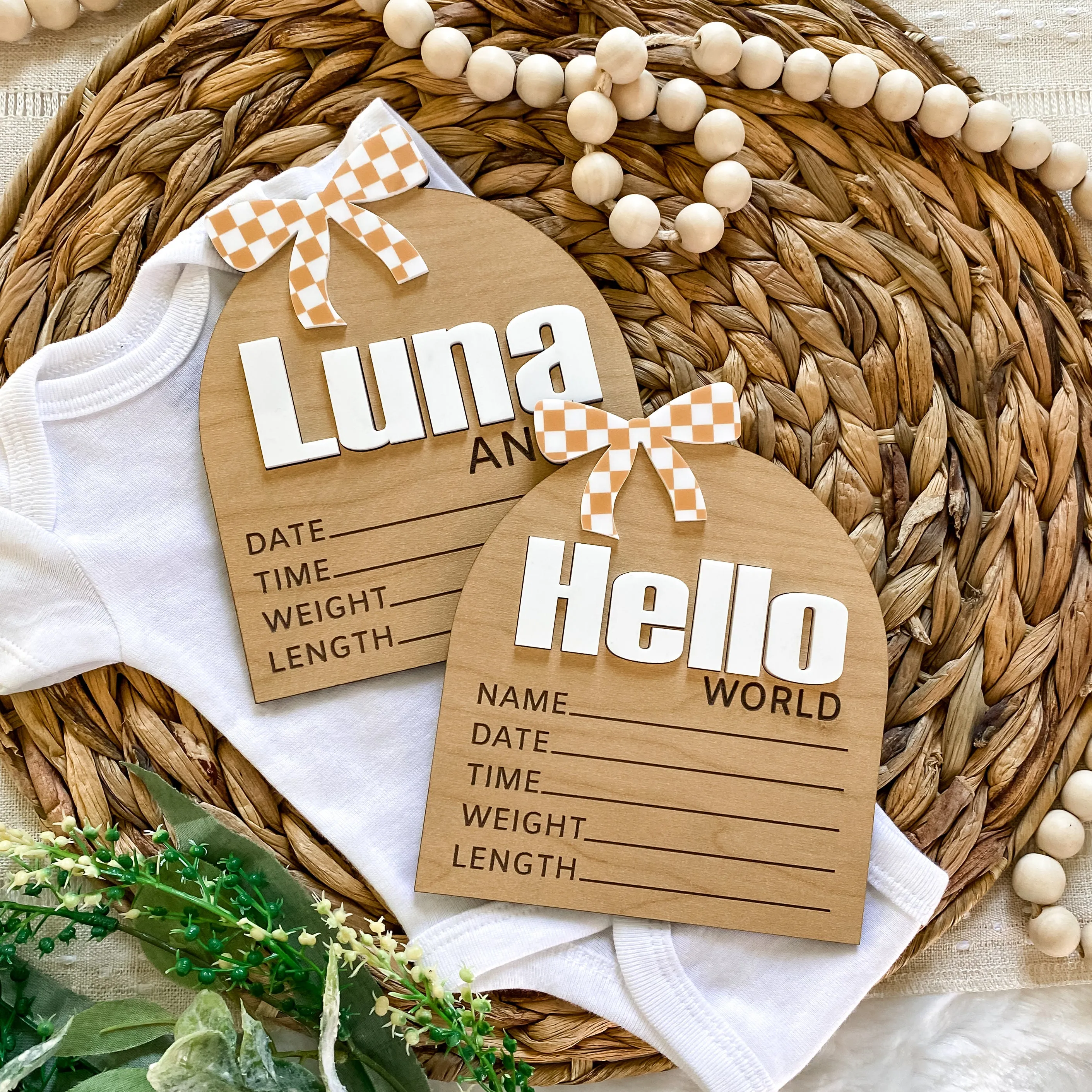 Personalized Birth Stat Sign - Checkered Bow