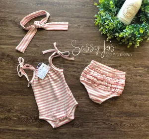 Pink and White Striped, Ribbed 3 Piece Set