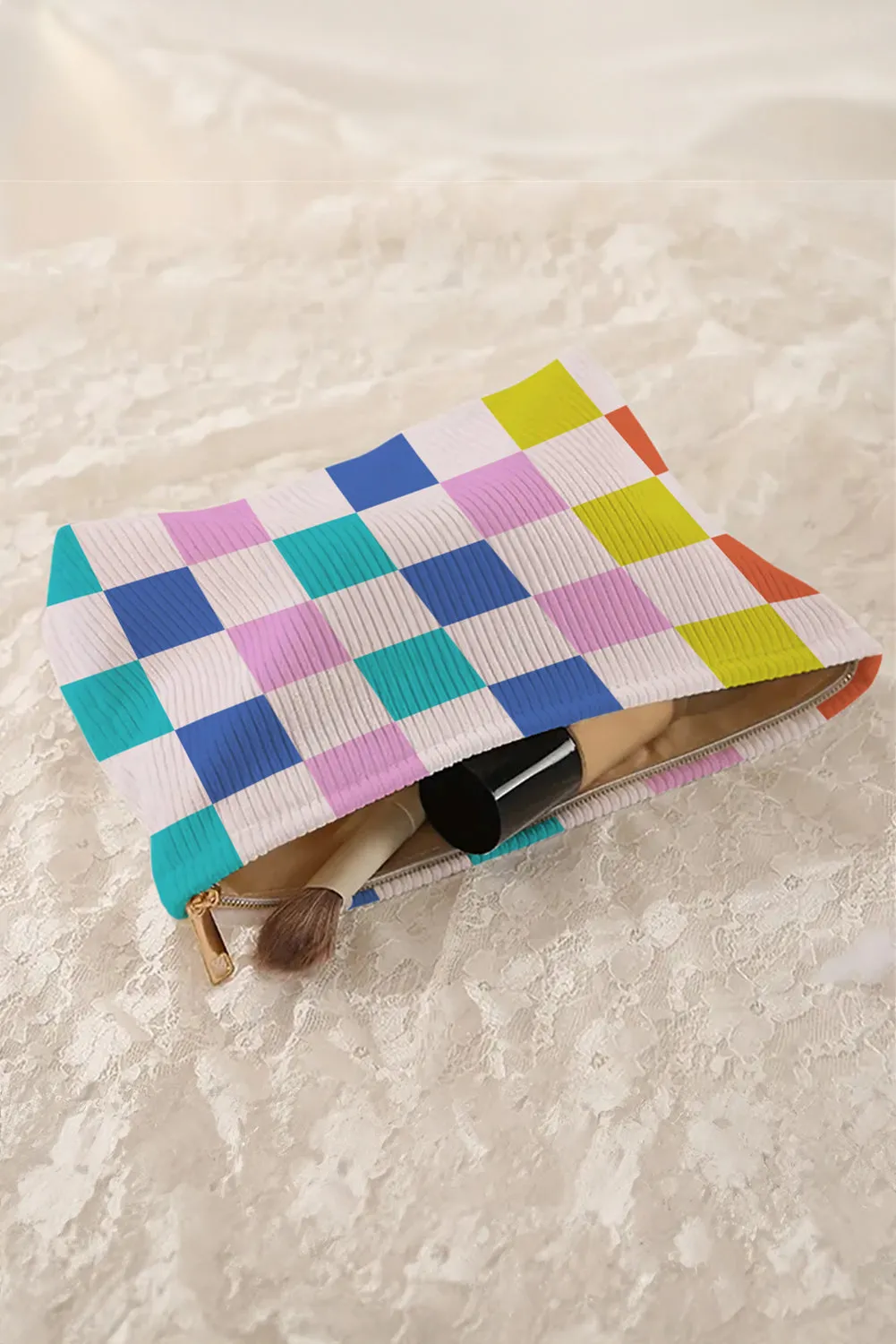 Pink Color Block Checkered Zipper Corduroy Cosmetic Bag