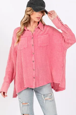 Pink Frayed Hem Side Slit Button Down Shirt