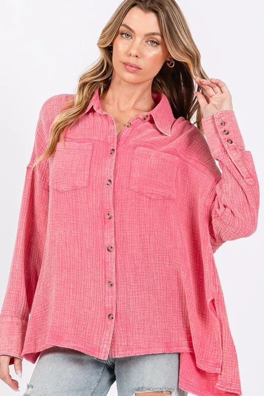 Pink Frayed Hem Side Slit Button Down Shirt