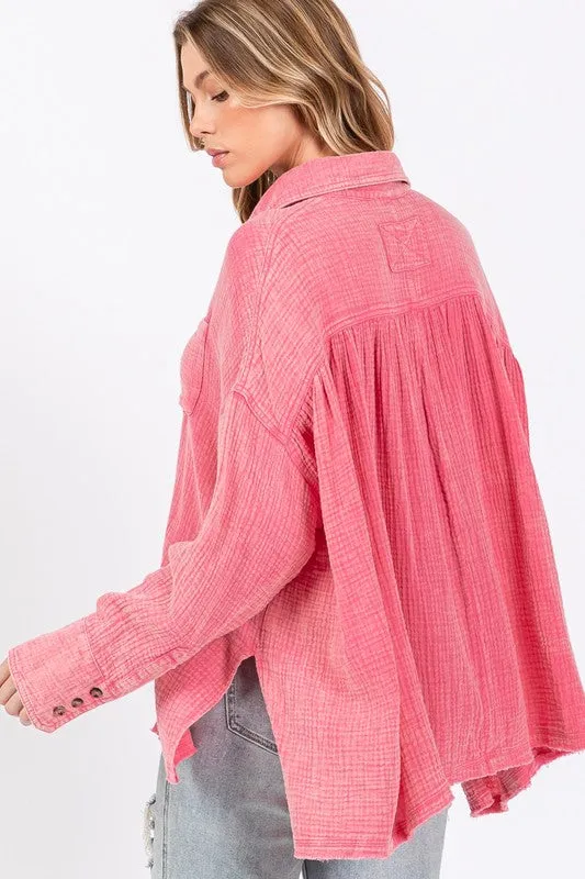 Pink Frayed Hem Side Slit Button Down Shirt