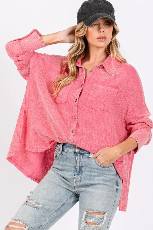 Pink Frayed Hem Side Slit Button Down Shirt