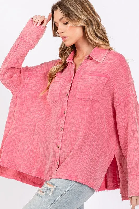 Pink Frayed Hem Side Slit Button Down Shirt
