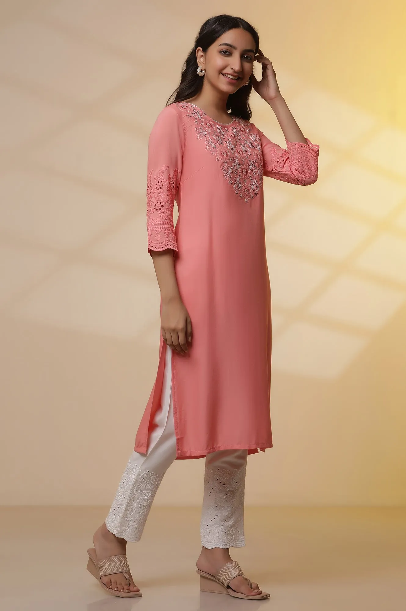 Pink Schiffli Embroidered Kurta, Pants and Mesh Dupatta Set