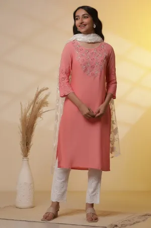 Pink Schiffli Embroidered Kurta, Pants and Mesh Dupatta Set