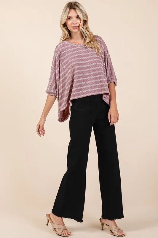 Pink Texture Striped Print Round Neck Dolman Sleeve Top