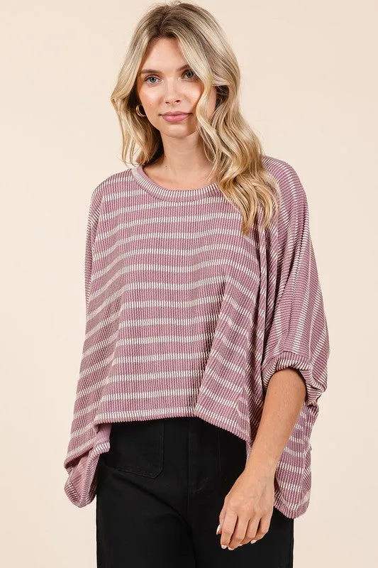 Pink Texture Striped Print Round Neck Dolman Sleeve Top