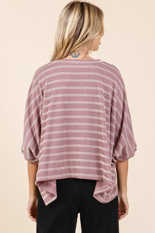 Pink Texture Striped Print Round Neck Dolman Sleeve Top