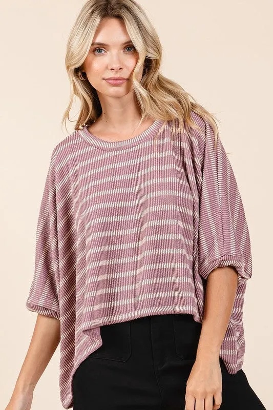 Pink Texture Striped Print Round Neck Dolman Sleeve Top