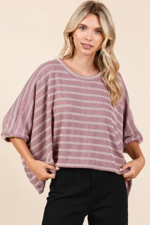 Pink Texture Striped Print Round Neck Dolman Sleeve Top