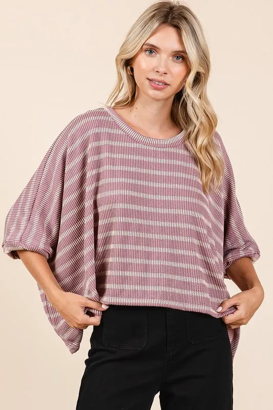 Pink Texture Striped Print Round Neck Dolman Sleeve Top