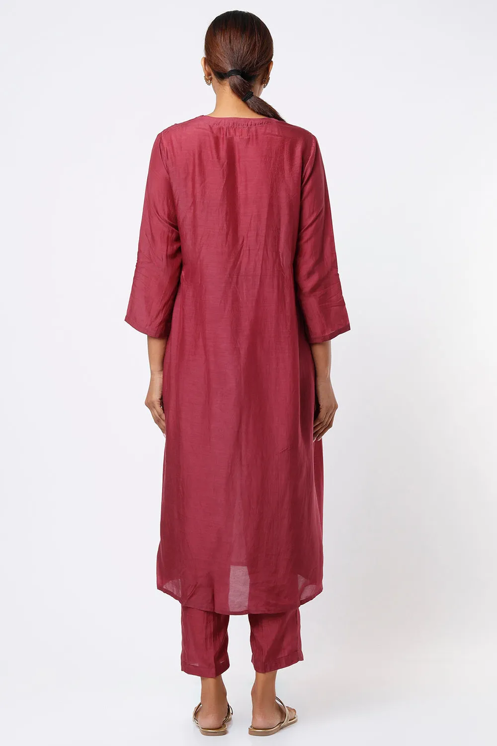 Pintucked Embroidered Wine Kurta Set