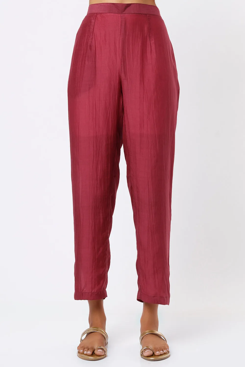Pintucked Embroidered Wine Kurta Set