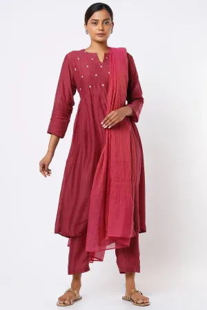 Pintucked Embroidered Wine Kurta Set