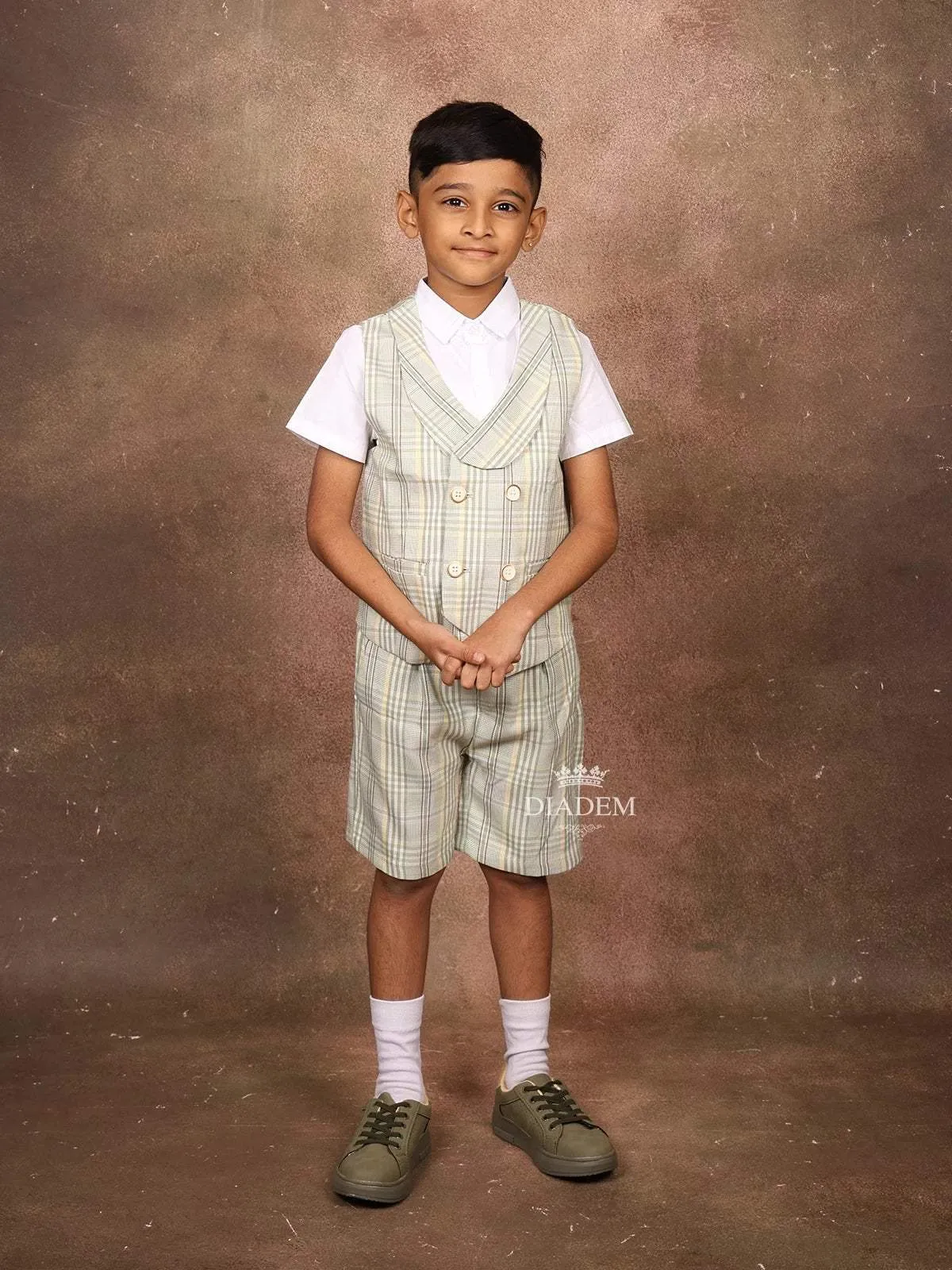 Pista Green Checked Cotton Blend Vest and Trousers