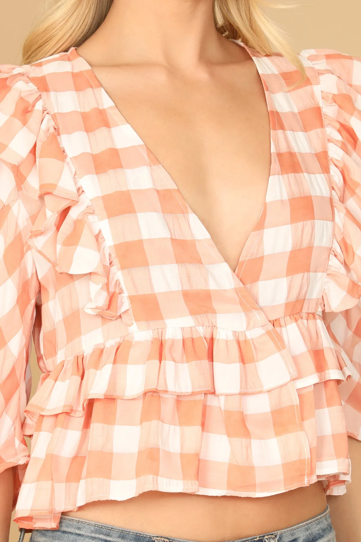 PLAID CHECKERED DEEP NECK RUFFLE DETAIL CROP TOP