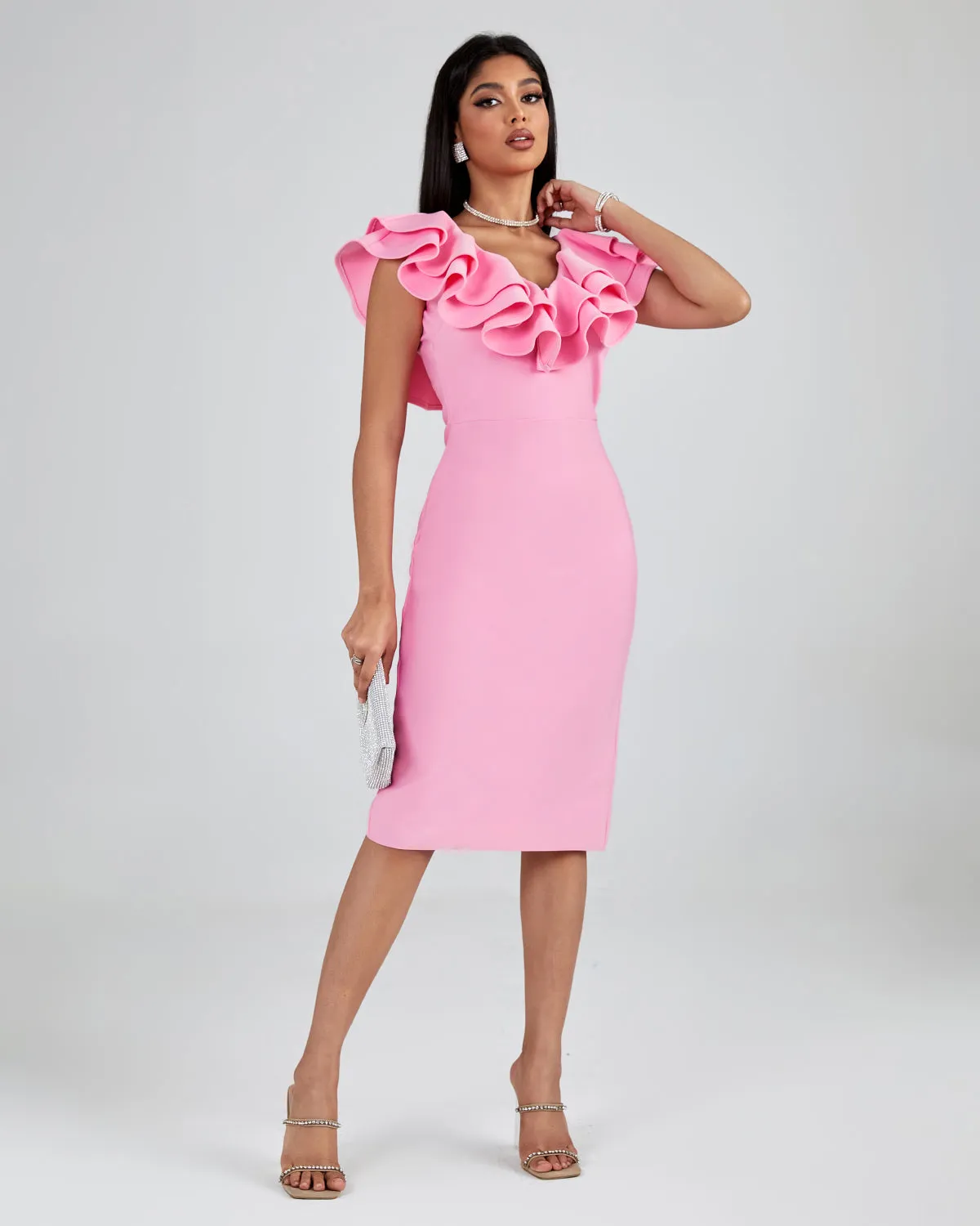 Pleated Ruffle Bandage Midi Dress