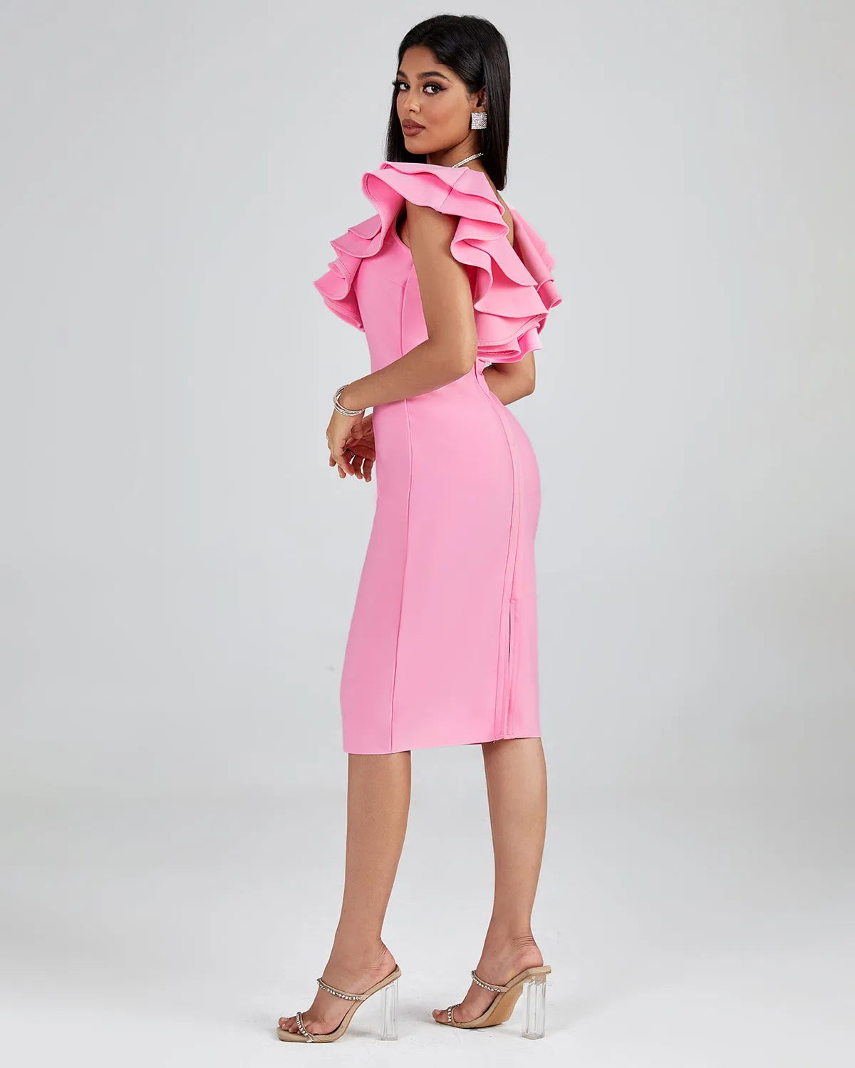 Pleated Ruffle Bandage Midi Dress
