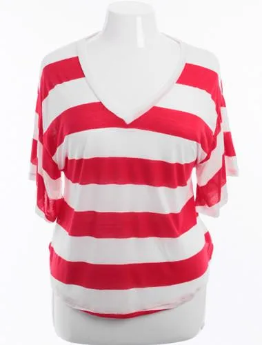 Plus Size Boyfriend V-Neck Striped Red Top