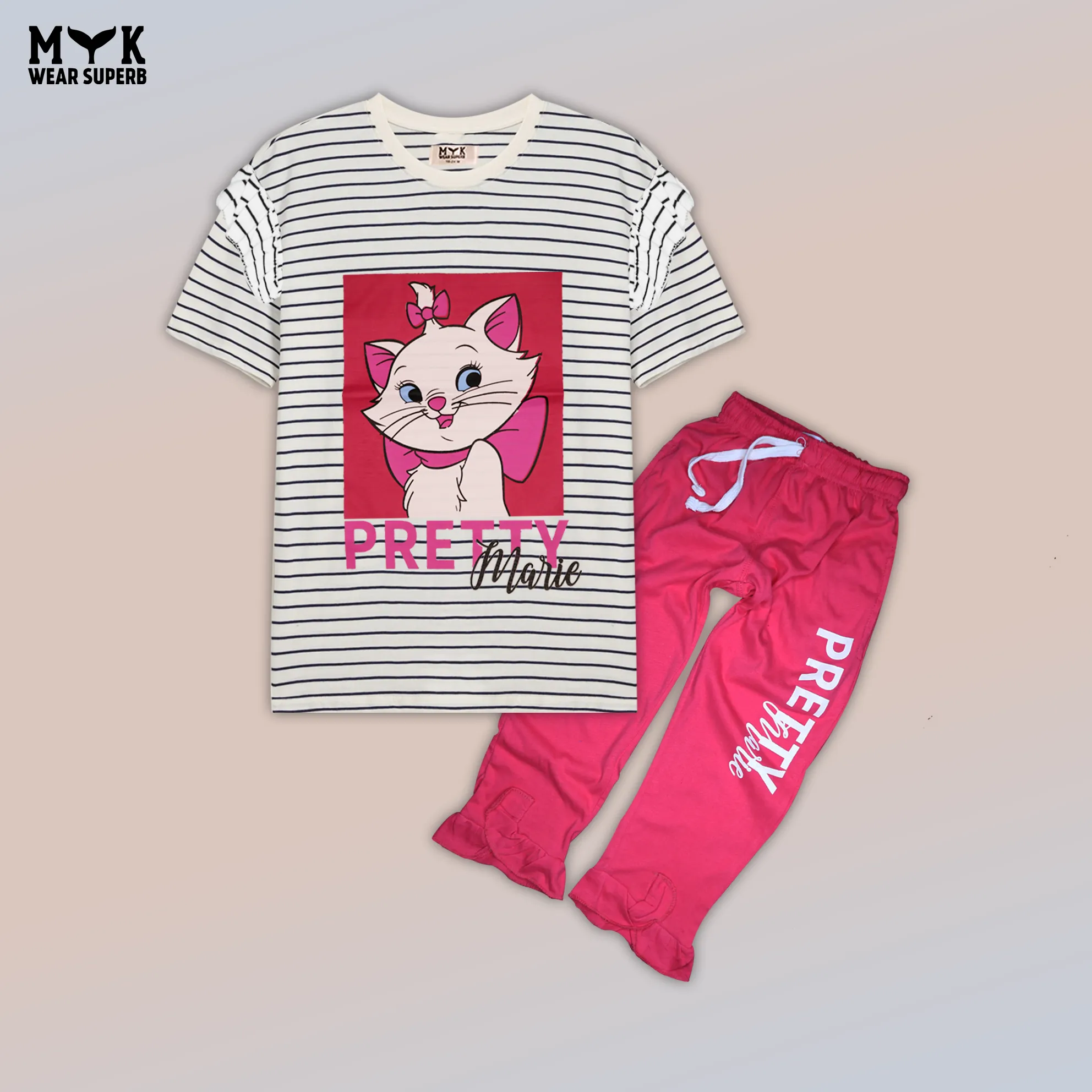 Pretty Marie Girls' Summer Night Suit – Striped Tee & Pink Pajama Set