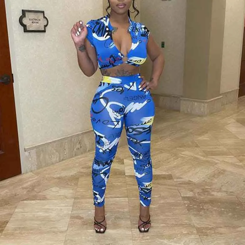 Print Short Sleeve Crop Top & Pants Set