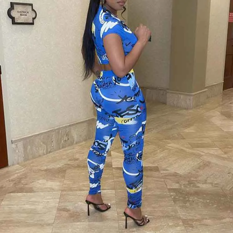 Print Short Sleeve Crop Top & Pants Set