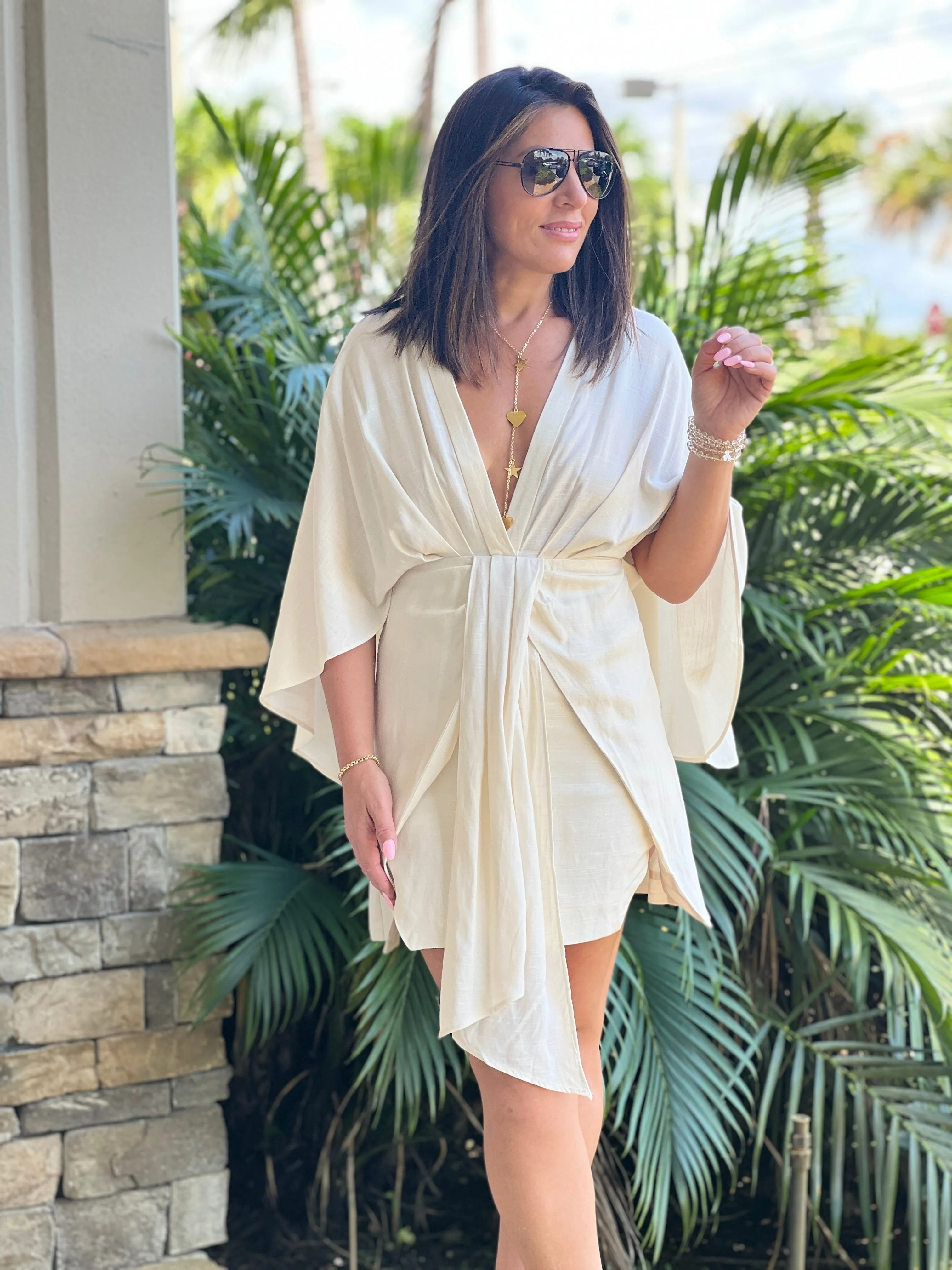 "Ayia" Front Draped And Pleated Dolman Sleeve Mini Dress