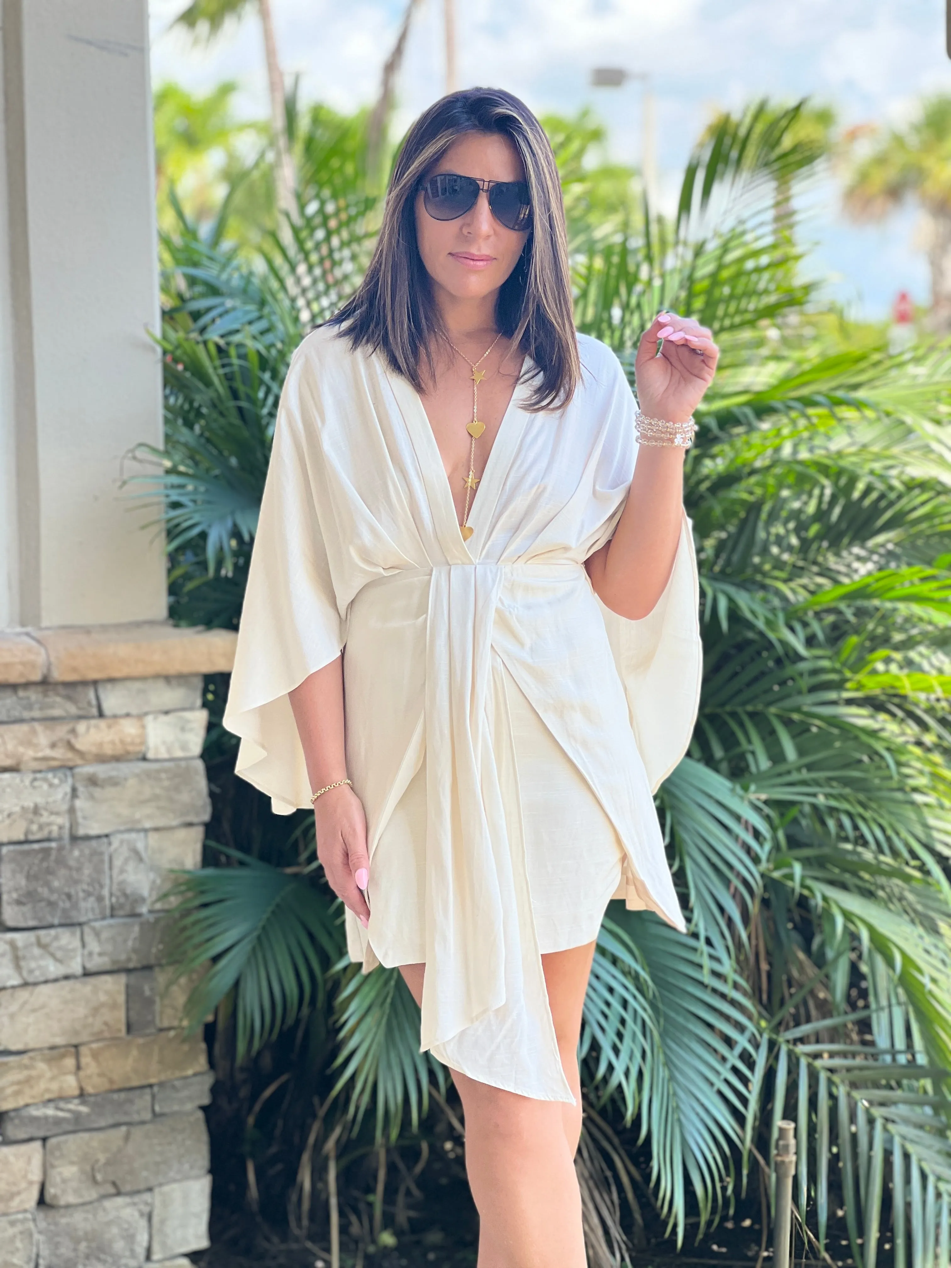 "Ayia" Front Draped And Pleated Dolman Sleeve Mini Dress
