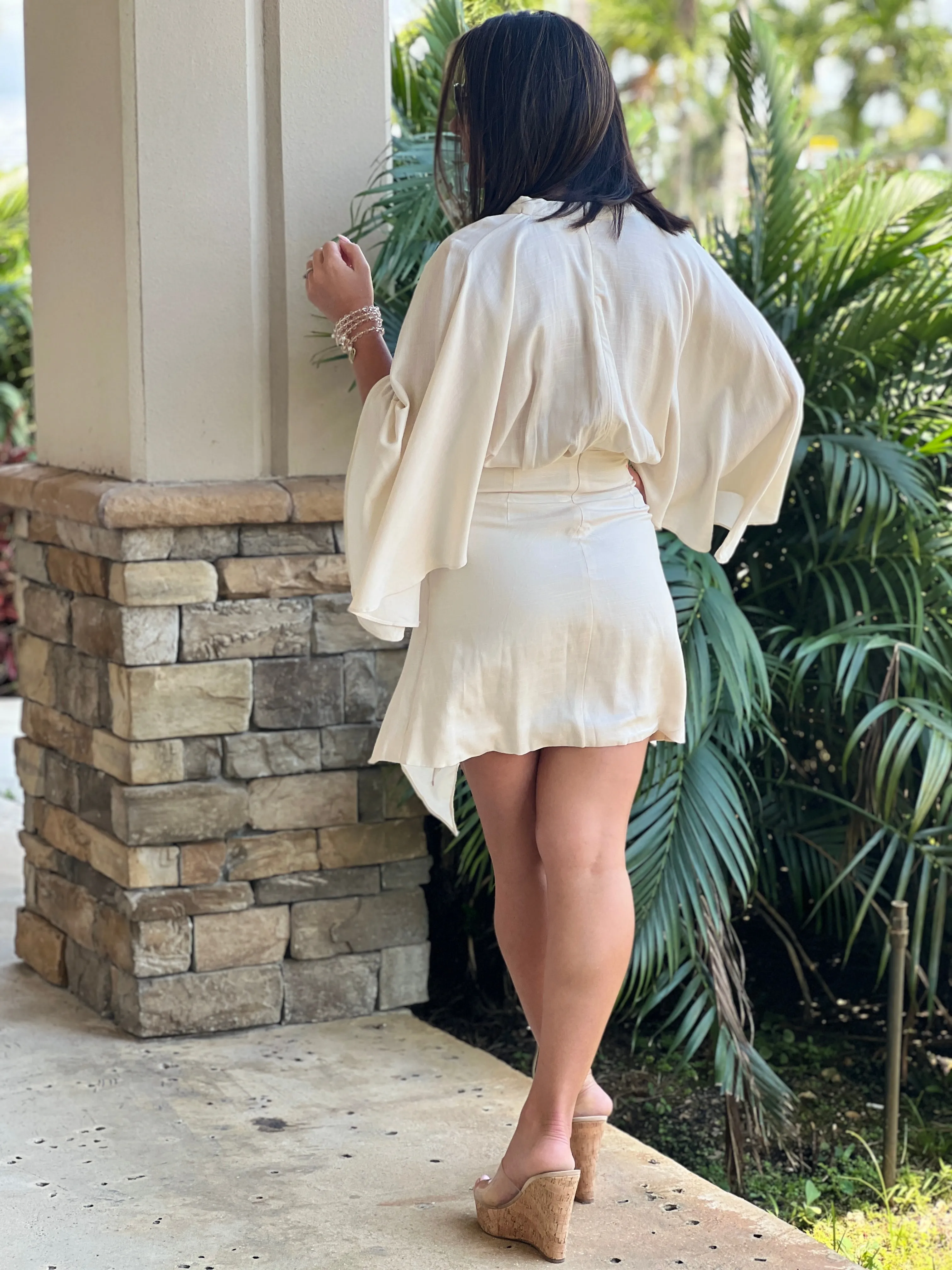 "Ayia" Front Draped And Pleated Dolman Sleeve Mini Dress