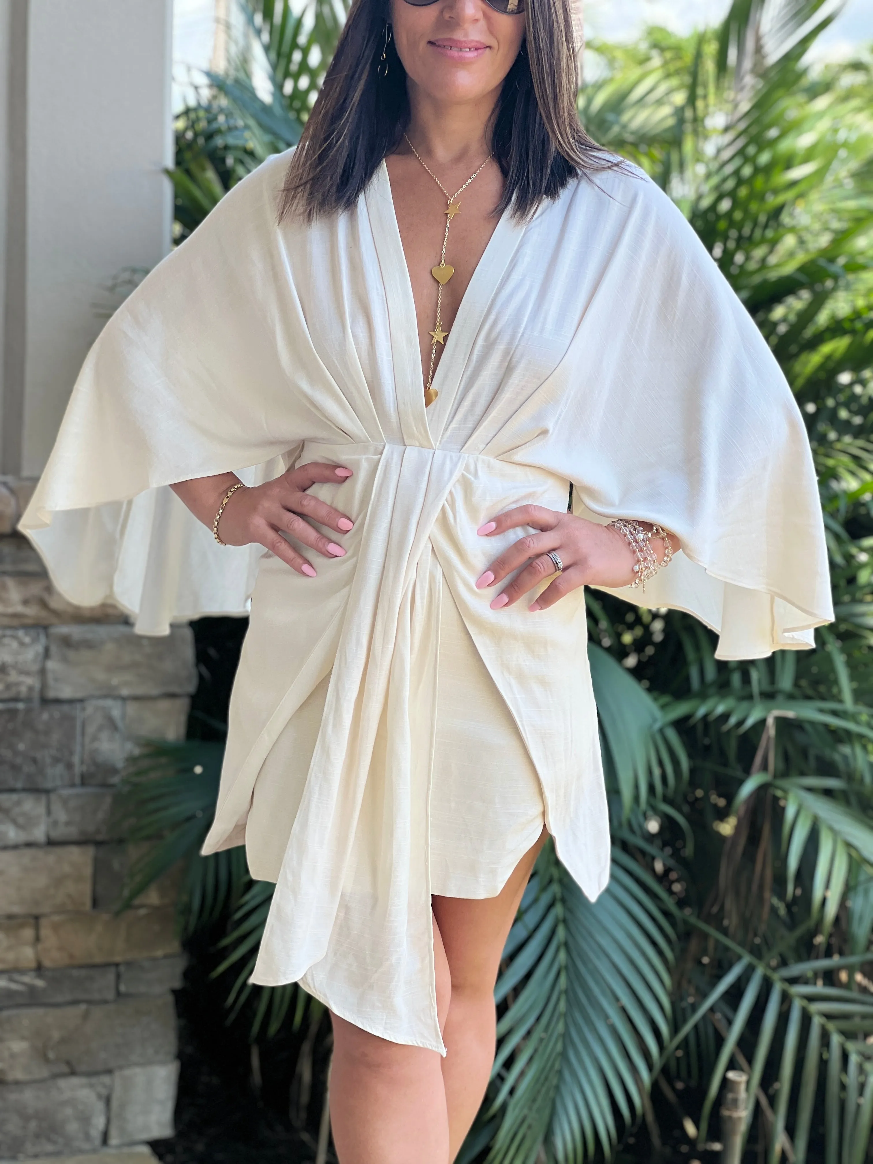 "Ayia" Front Draped And Pleated Dolman Sleeve Mini Dress