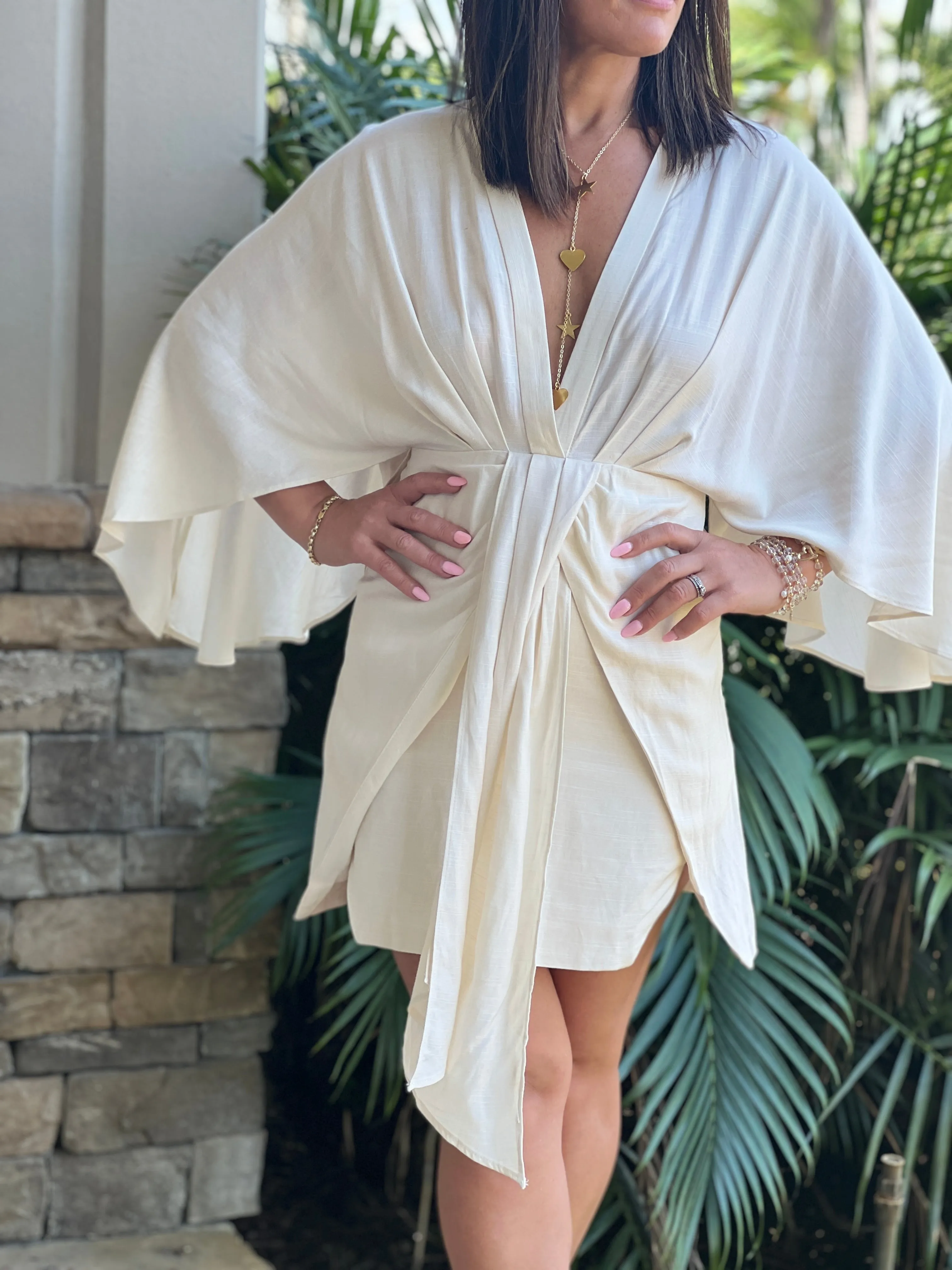 "Ayia" Front Draped And Pleated Dolman Sleeve Mini Dress