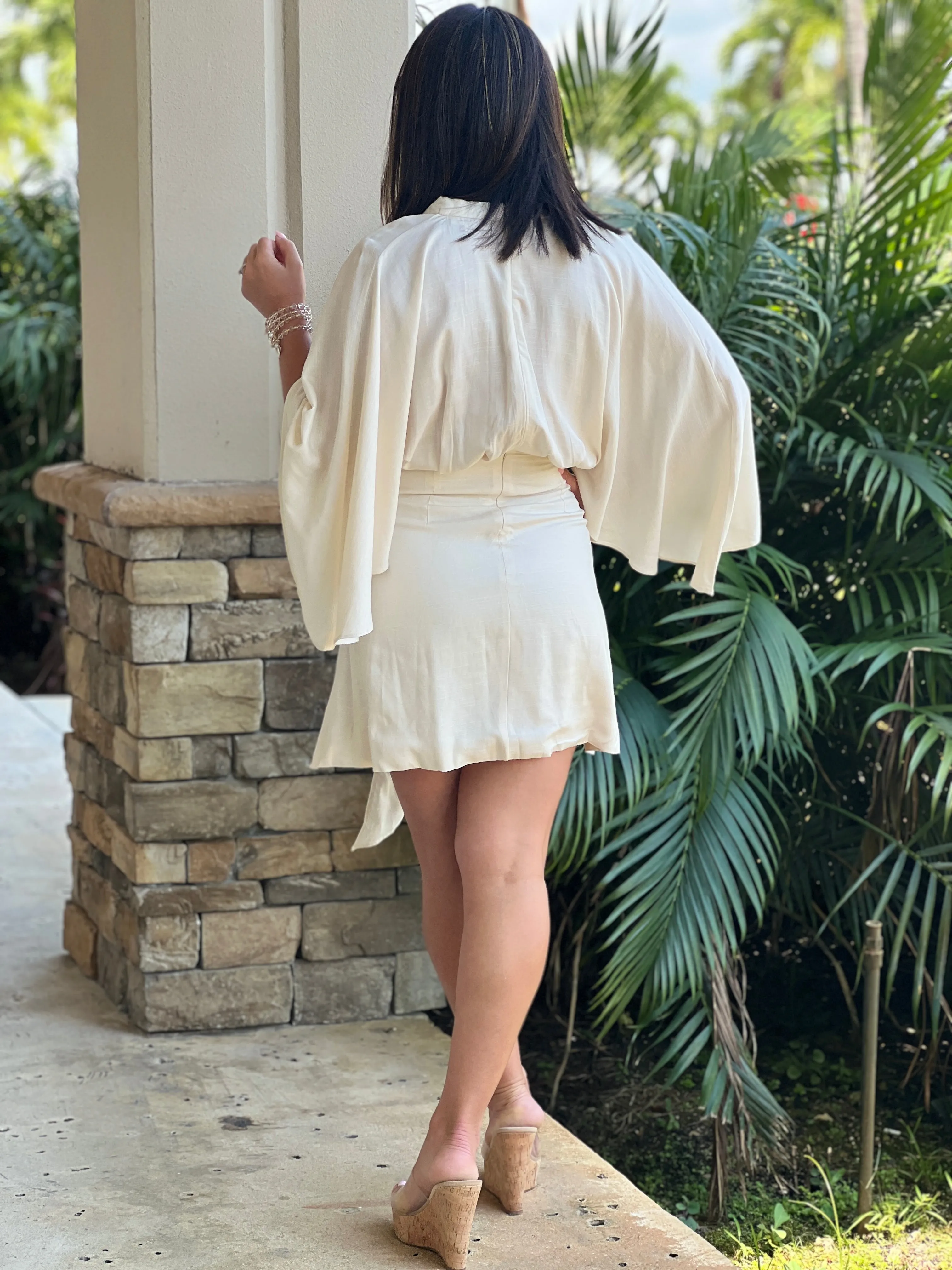 "Ayia" Front Draped And Pleated Dolman Sleeve Mini Dress