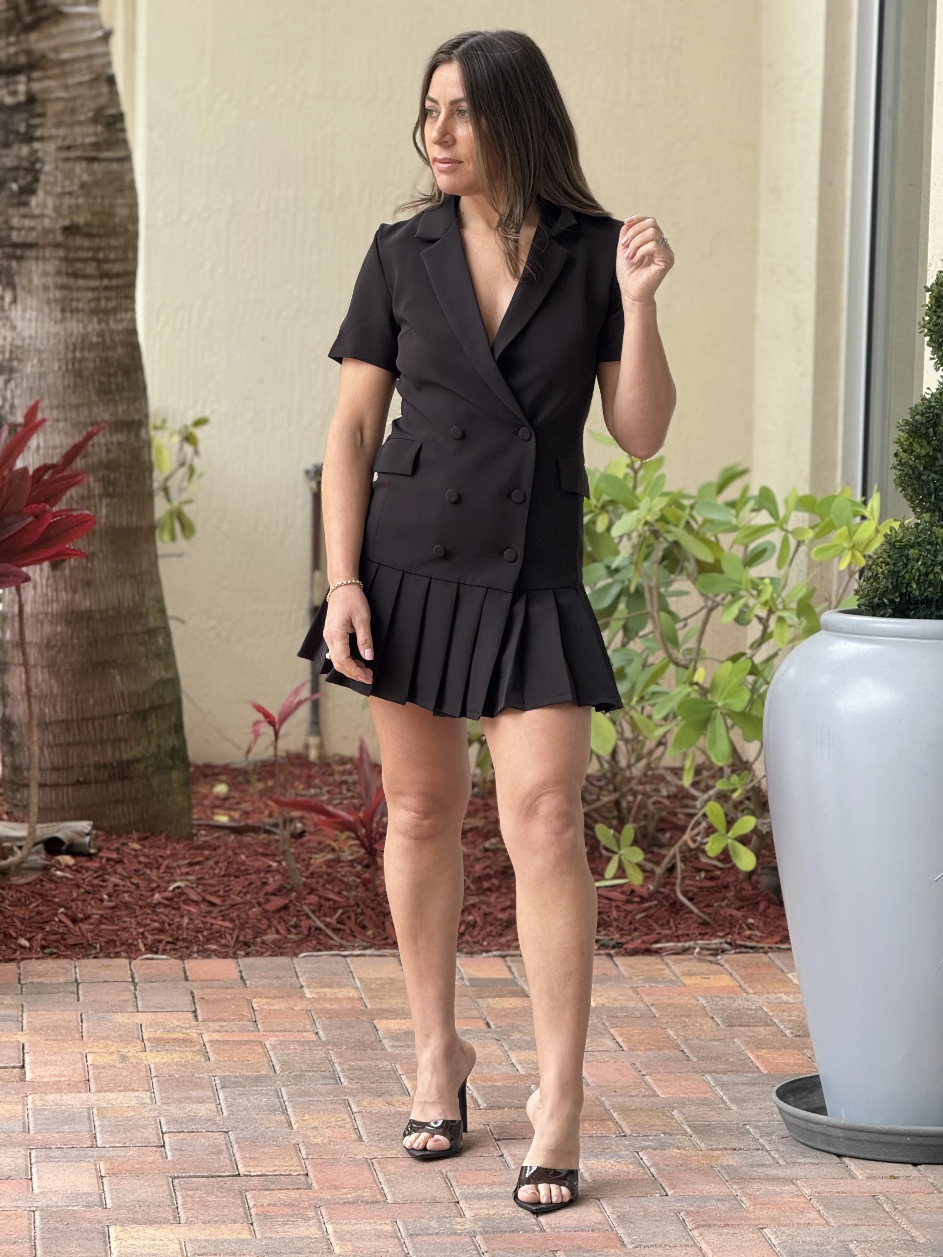 "Nayda" Short Sleeve Woven Tailored Dress With Pleated Skirt