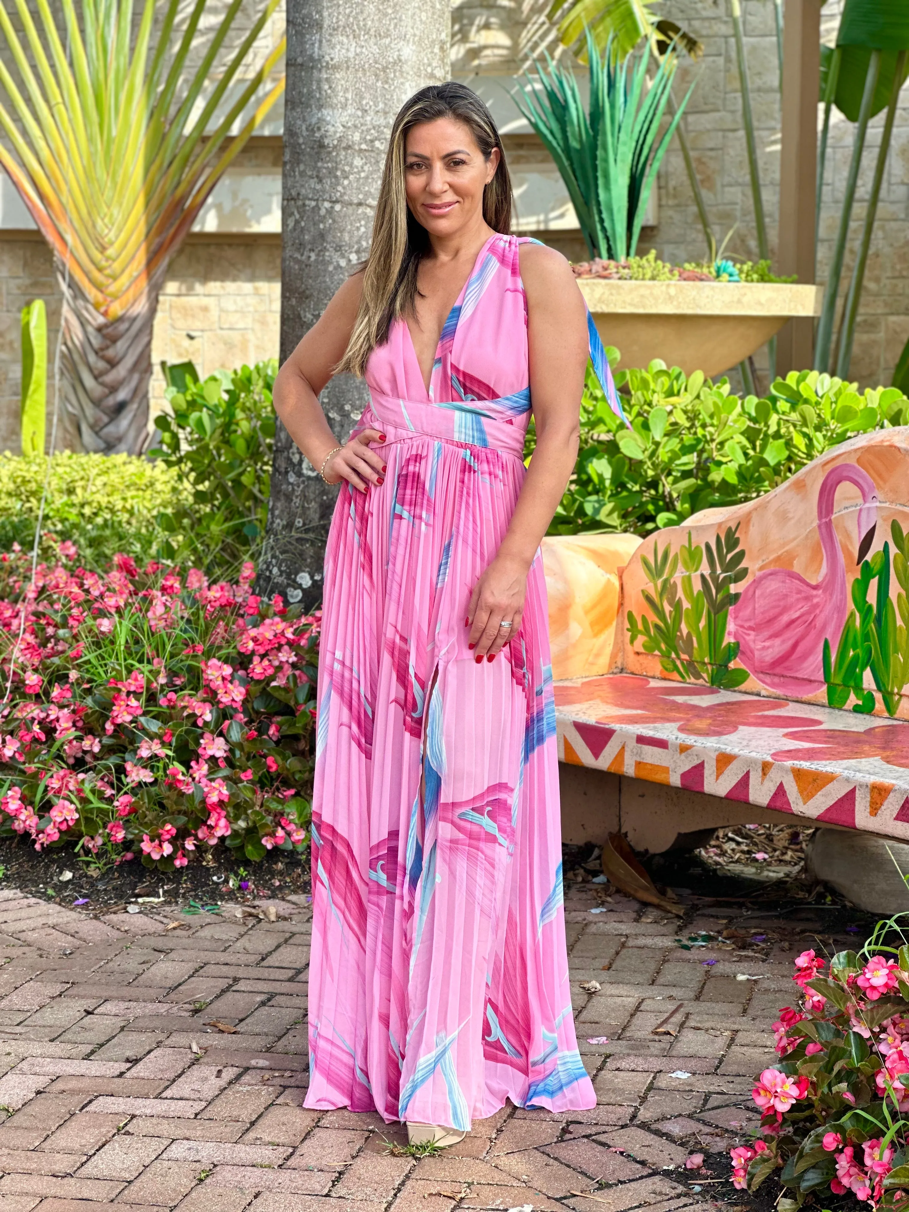 "Shia" Tropical Print Pleated Maxi Dress