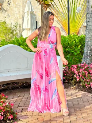 "Shia" Tropical Print Pleated Maxi Dress