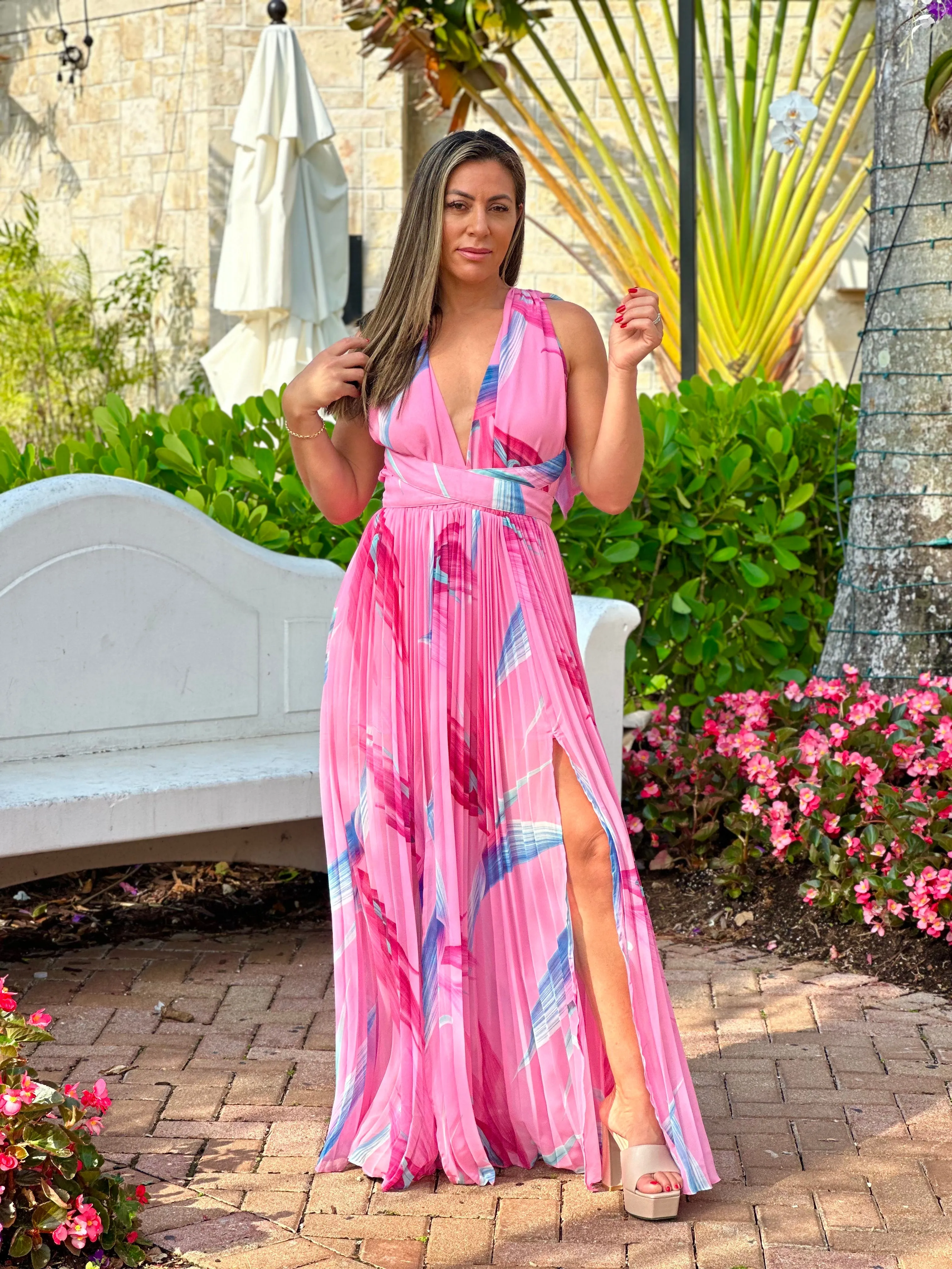 "Shia" Tropical Print Pleated Maxi Dress